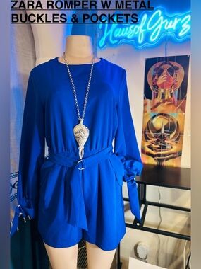 Zara Royal Blue Long Sleeve Romper with Belt & Buckles on Cuffs w Front Pockets